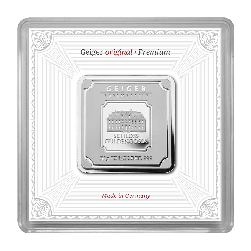Geiger Silver original square 50 gram Minted bar