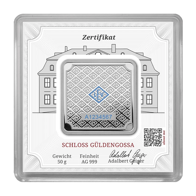 Geiger Silver original square 50 gram Minted bar
