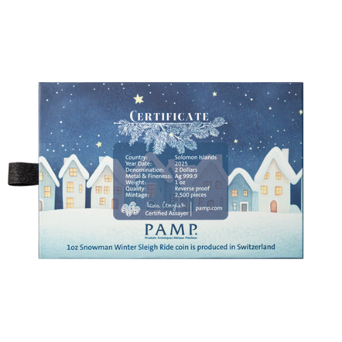Pamp 2025 1oz Snowman Sleigh Ride Colorized Proof Silver Coin