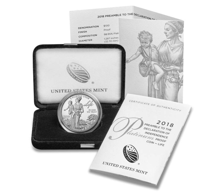 2018W USMINT Preamble to the Declaration of Independence Life 1oz Proof Platinum coin