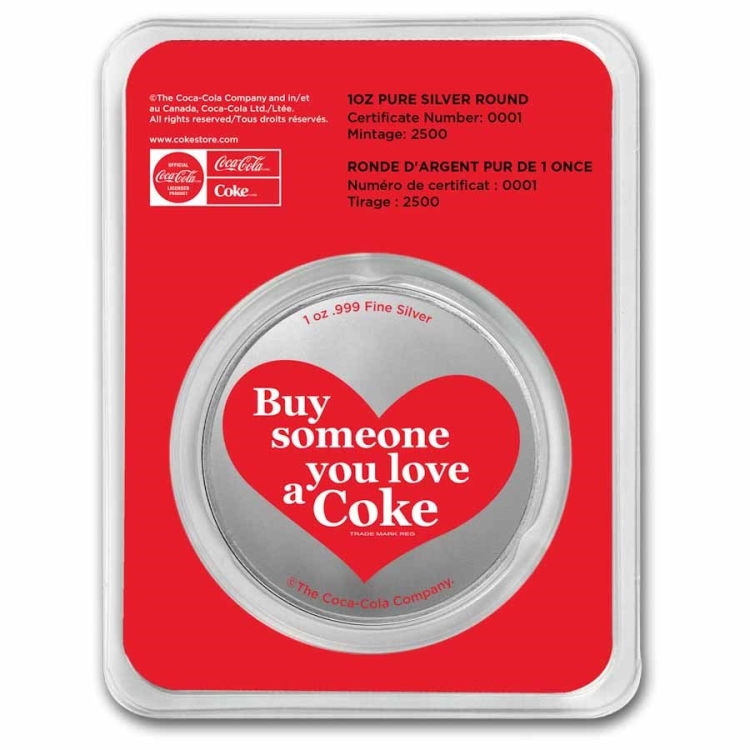 Coca Cola 1oz Valentine silver colorized round