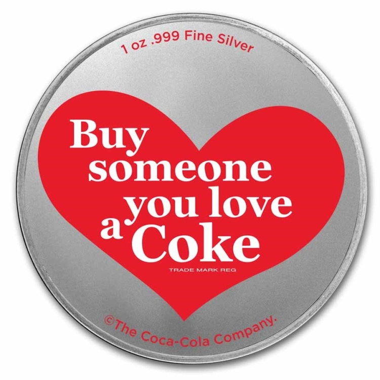 Coca Cola 1oz Valentine silver colorized round