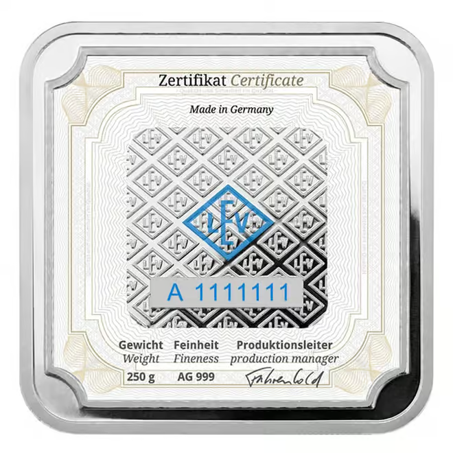 Geiger Silver 250g original square silver bar in assay