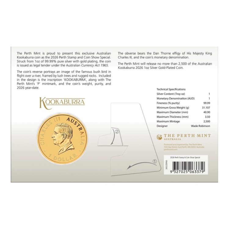 Australian 2026 Kookaburra 1oz Gold-plated Silver coin in Card (Coin Show Special Edition)