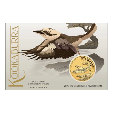 Australian 2026 Kookaburra 1oz Gold-plated Silver coin in Card (Coin Show Special Edition)
