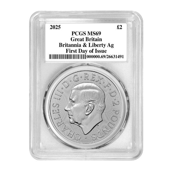 2025 PCGS MS-69 First Day of Issue 1 oz Silver Britannia and Liberty Coin - Exclusive Label