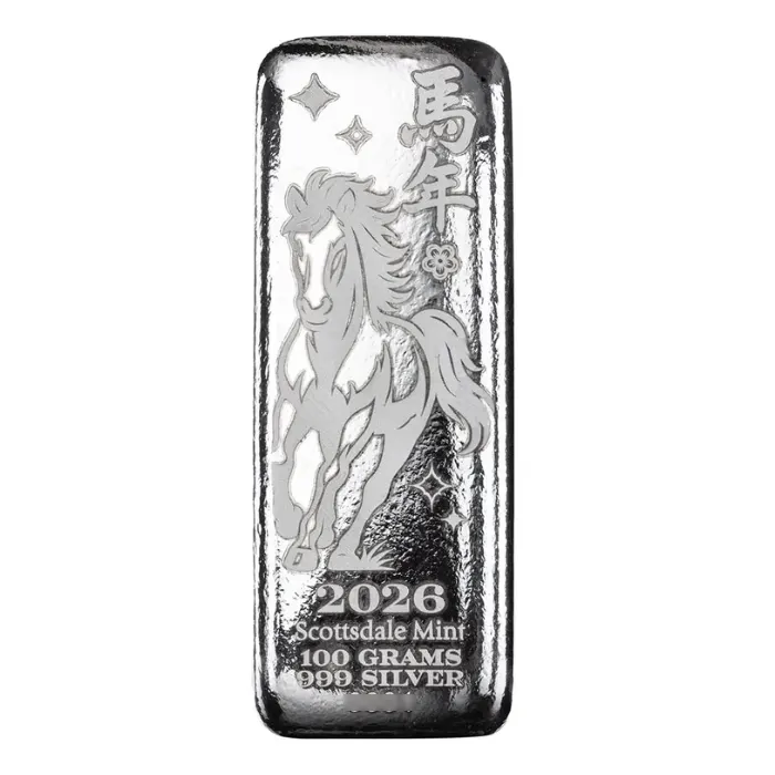 Scottsdale Lunar series 100g Horse Silver Cast Bar