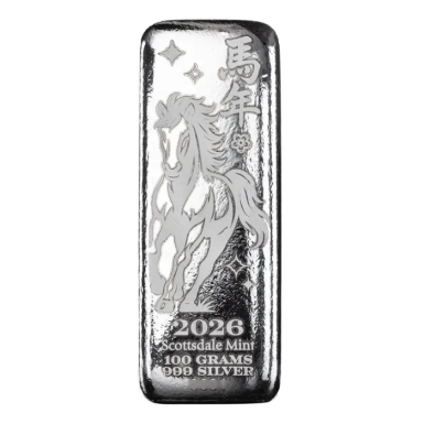 Scottsdale Lunar series 100g Horse Silver Cast Bar