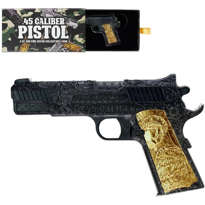 45 Caliber Pistol Handgun 2 oz Silver Black and Gold Shaped Coin