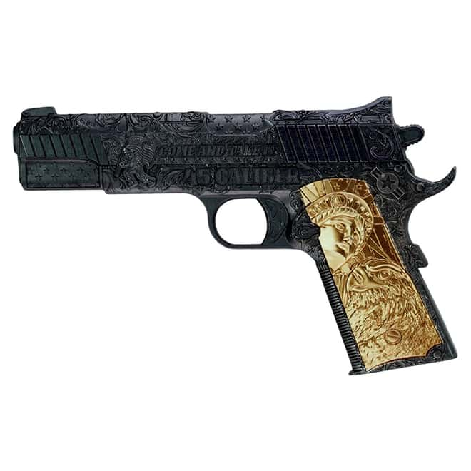 45 Caliber Pistol Handgun 2 oz Silver Black and Gold Shaped Coin
