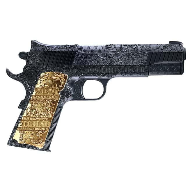 45 Caliber Pistol Handgun 2 oz Silver Black and Gold Shaped Coin