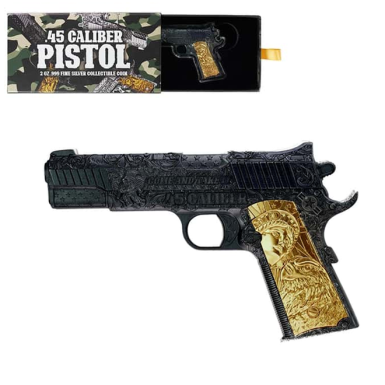 45 Caliber Pistol Handgun 2 oz Silver Black and Gold Shaped Coin