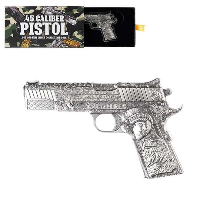 45 Caliber Pistol Handgun 2 oz Silver Antique Coin
