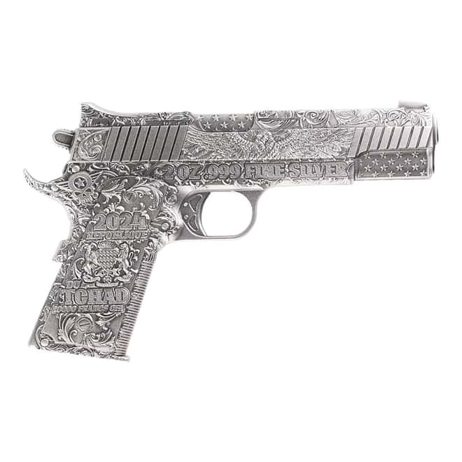 45 Caliber Pistol Handgun 2 oz Silver Antique Coin