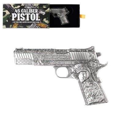 45 Caliber Pistol Handgun 2 oz Silver Antique Coin