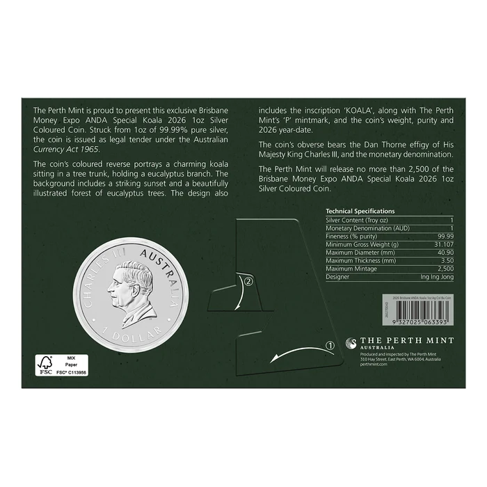 Australian 2026 Koala 1oz coloured Silver coin in Card (ANDA Special Edition)