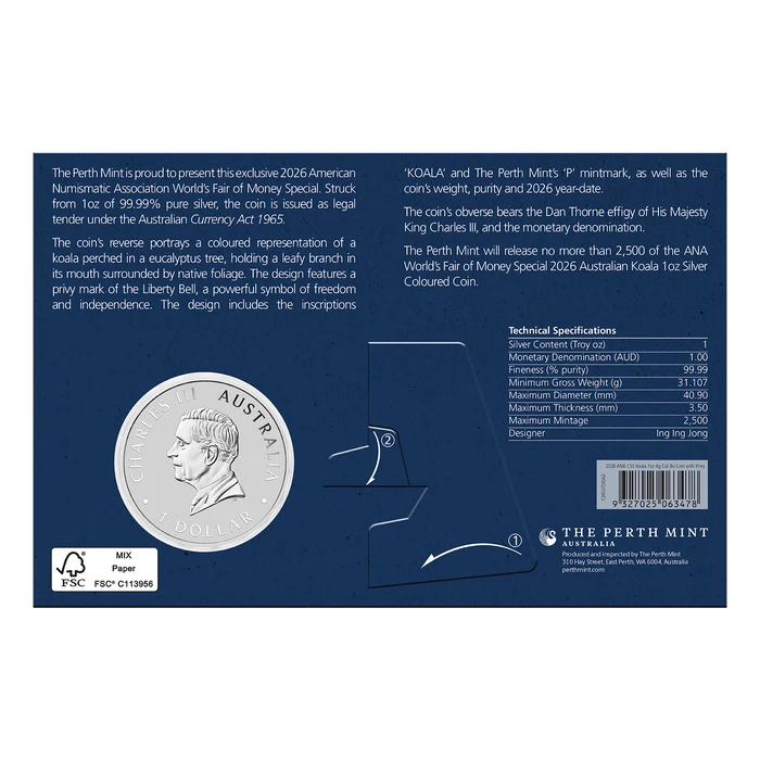 Australian 2026 Koala with Liberty Bell Privy 1oz coloured Silver coin in Card (ANA Special Edition)