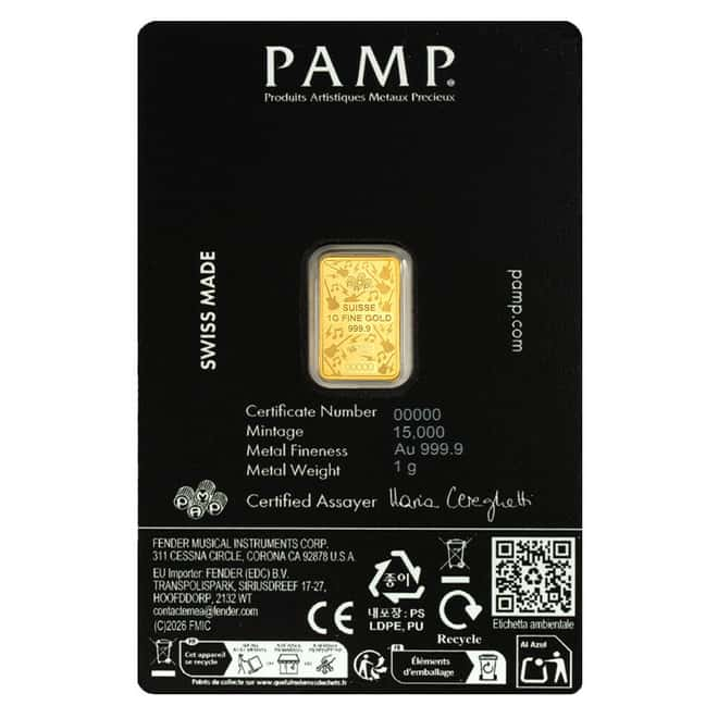 Pamp Suisse Fender 80th Ann. 1g minted bar